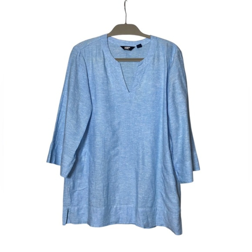Lands' End linen blend split neck tunic top blouse shirt in chambray blue